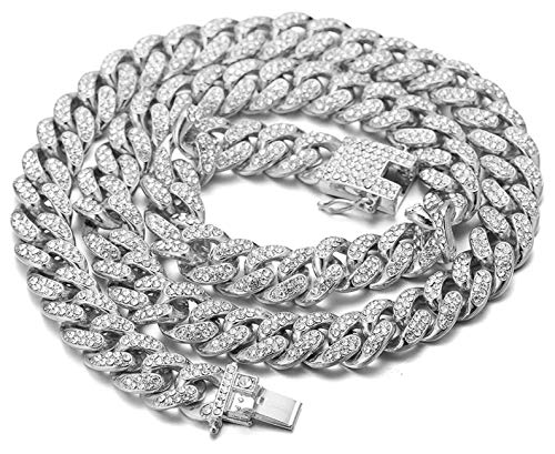 HALUKAKAH Cadena de Oro para Hombre,Cadena Cubanos 13MM Iced out Acabado en Oro Blanco Platino Iced out Gargantilla Collar 45cm,Cz Completa Juego de Puntas de Corte de Diamante,con Caja de Regalo