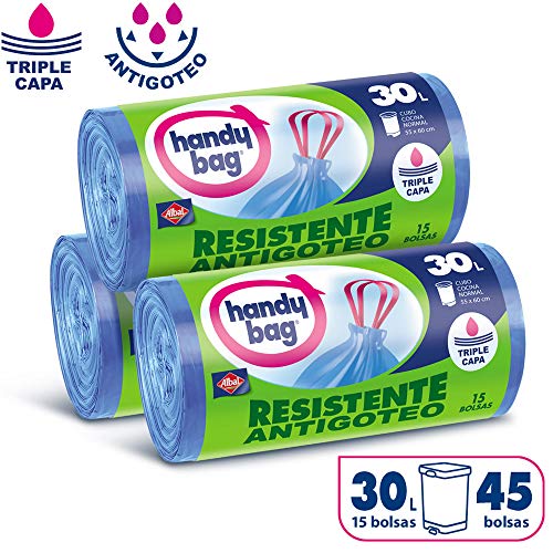 Handy Bag Basura Extra Resistentes, No Gotean, 45 Bolsas, Plástico, Azul, color Azul, 30 l, 650 g