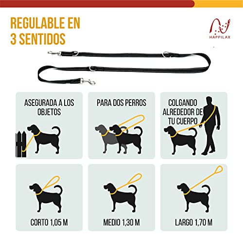 Happilax Correa para Perros Ajustable de 2 m – Negro / Reflectante – Correa Perro Versátil – Correa Doble, Correa Perro Pequeño, Correa de Hombro – Correa para Perros Grandes y Pequeños