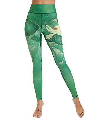 HAPYWER Leggings de yoga para mujer, de cintura alta, para gimnasio, deportes, polainas funky para entrenamiento de compresión y control de barriga, Lotus Green, M