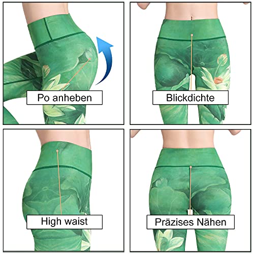 HAPYWER Leggings de yoga para mujer, de cintura alta, para gimnasio, deportes, polainas funky para entrenamiento de compresión y control de barriga, Lotus Green, M