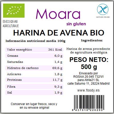 Harina de avena integral y neutra, BIO sin gluten y sin azúcar - Harina de avena ecológica sin sabor, ideal para repostería y recetas fitness - Otmeal flour vegana 500gr