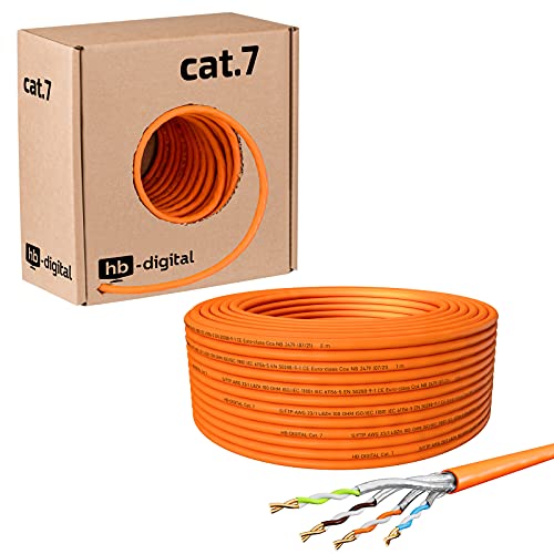 hb-digital 50m Cable de red CAT.7 Cable de instalación LAN AWG 23 Cobre puro S/FTP PiMF LSZH Cable de instalación Ethernet que cumple con RoHS Cable de datos PoE 10Gbit/s máx. 1000MHz Naranja