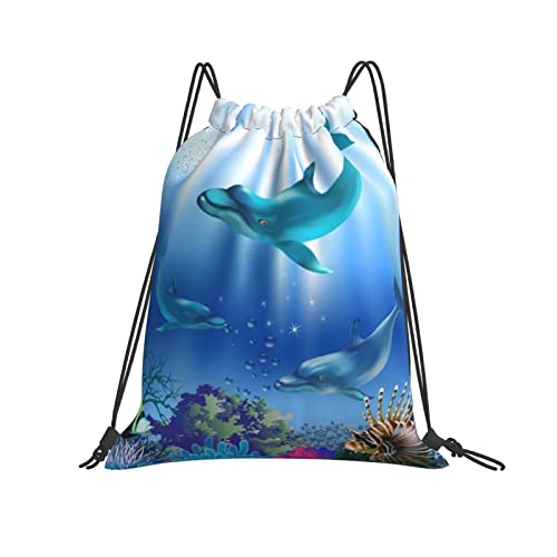 Hdadwy El mundo submarino con delfines y plantas Mochila con cordón Mochila deportiva Yoga Gimnasio Mochila con cordón para hombres Mujeres