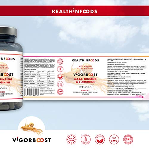 Healthinfoods | VigorBoost | Maca, Ginseng, Vitamina D, L-Arginina | Vitaminas B6, B12 y Zinc | Para la Líbido, Fertilidad, Masa Muscular y Potencia Sexual | 120 Cápsulas Veganas