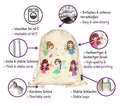 HECKBO Mochila niñas con dibujo de hada - impresa (por ambas caras) con dibujos de hadas mágicas - 40x32 cm se puede lavar a máquina - apta para hacer deporte, para el colegio, el tiempo libre