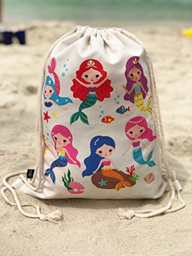 HECKBO Mochila niñas con Dibujo de Sirena - Impresa por ambas Caras con Dibujos Coloridos de Sirenas - 40x32 cm - se Puede Lavar a máquina - Apta para Hacer Deporte, para el Colegio (Beige)