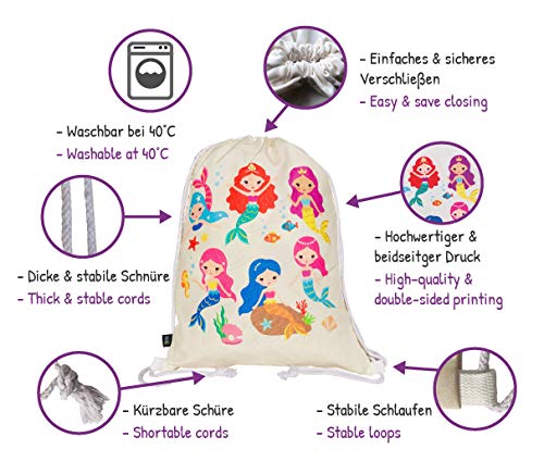 HECKBO Mochila niñas con Dibujo de Sirena - Impresa por ambas Caras con Dibujos Coloridos de Sirenas - 40x32 cm - se Puede Lavar a máquina - Apta para Hacer Deporte, para el Colegio (Beige)