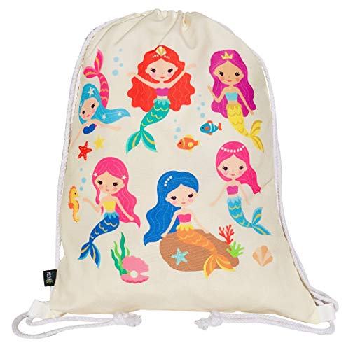 HECKBO Mochila niñas con Dibujo de Sirena - Impresa por ambas Caras con Dibujos Coloridos de Sirenas - 40x32 cm - se Puede Lavar a máquina - Apta para Hacer Deporte, para el Colegio (Beige)