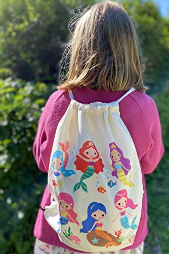 HECKBO Mochila niñas con Dibujo de Sirena - Impresa por ambas Caras con Dibujos Coloridos de Sirenas - 40x32 cm - se Puede Lavar a máquina - Apta para Hacer Deporte, para el Colegio (Beige)