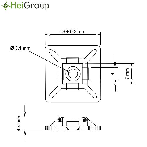 HeiKab - Base adhesiva para bridas (100 unidades, 19 x 19 mm, resistente a los rayos UV), color negro