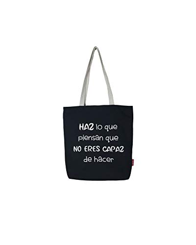 Hello-Bags. Bolso Tote. Algodón 100%. Modelo HAZLO. Negro. con Cremallera, Forro y Bolsillo Interior. 37 * 38 cm. Incluye Bonito sobre Kraft de Regalo.