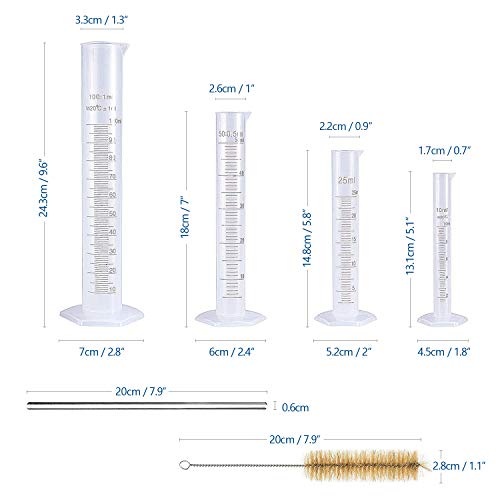 Hentek 4 Piezas Cilindro Graduado de Plástico 10 ml 25 ml 50 ml 100 ml, Plástico Probeta Graduada con Cepillos de Limpieza y Barra de Agitación de Vidrio