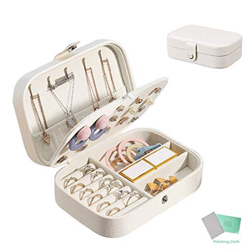 HEPAZ Caja Joyero Pequeña,PU Cuero Joyero de Viaje Cajas,ewelry Organizer para Anillos Aretes Pendientes Pulseras y Collares, Incluye un paño de Pulido Plateado(Blanco)