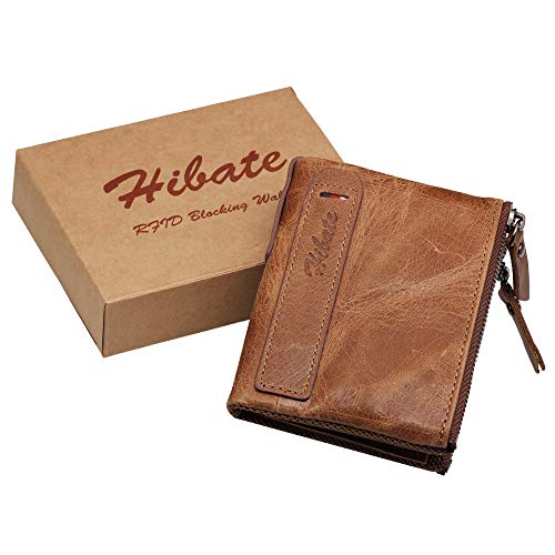 Hibate (Marrón) Cartera Cuero Hombre RFID Bloqueo Billetera Tarjetas de Crédito Carteras Piel Monedero