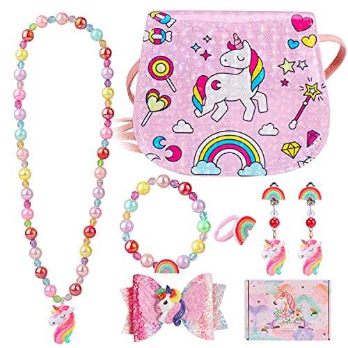 Hifot Unicornio Cuero Bolsos Bandolera Monedero para niñas, Gioielli Brillante Anillos Collares Pulseras Pelo Clip Pendientes Conjunto ,Juegos de rol Fiesta Accesorios Vestido Dress up Caja de Regalo