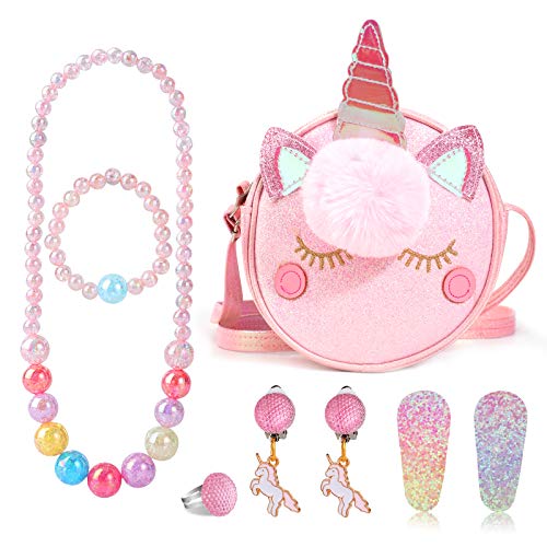 Hifot Unicornio Niña Bolso Monedero Joyas Accesorios Princesa Collar Pulsera Pendientes Anillos Pinzas de Cabello,Bandolera Favores del Partido del Traje Regalo para Vestir Juego de imaginación