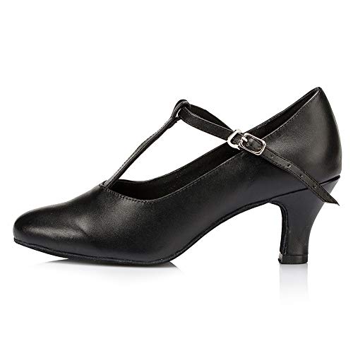 HIPPOSEUS Zapatos de Baile con Correa en T para Mujer con Punta Cerrada Zapatos de carácter de Salsa de salón Latino,Negro,EU 39