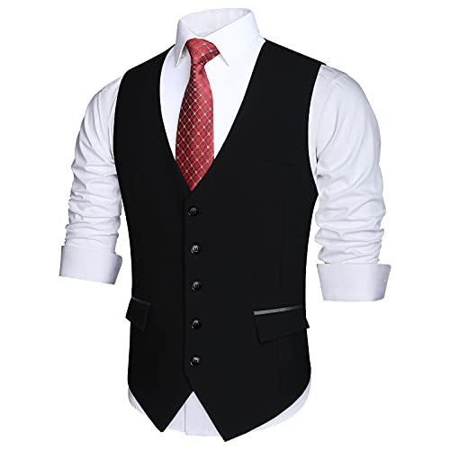 HISDERN Chalecos Negro para Hombre de Vestir Formal Chaleco de Boda Clásico chaleco traje de Negocios fiesta Casual con Bolsillos XL