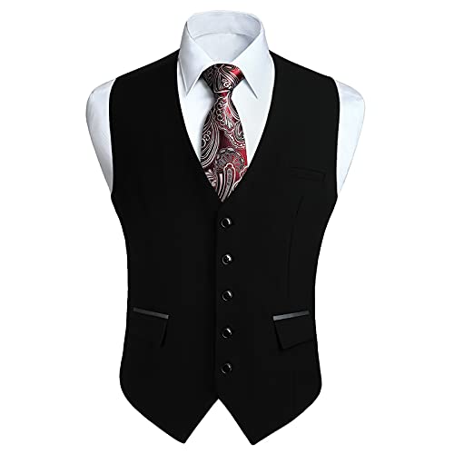 HISDERN Chalecos Negro para Hombre de Vestir Formal Chaleco de Boda Clásico chaleco traje de Negocios fiesta Casual con Bolsillos XL