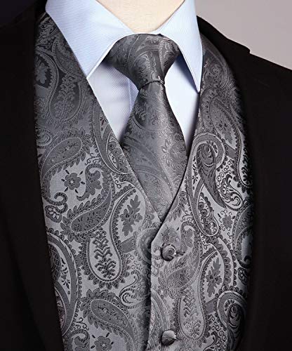 HISDERN Hombre Chaleco de boda floral Chaleco Corbata Panuelo de bolsillo Panuelo Jacquard Chaleco Set Gris