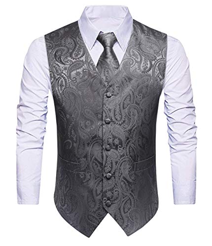 HISDERN Hombre Chaleco de boda floral Chaleco Corbata Panuelo de bolsillo Panuelo Jacquard Chaleco Set Gris