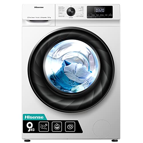 Hisense WDQY901428VJM - Lavadora Secadora 2 en 1 con Vapor, Carga Frontal 9 Kg Lavado, 6 Kg de Secado, 1400 rpm, Motor Eficiente Inverter, Sistema Antibalanceo, Puerta XL, Gran Display LED