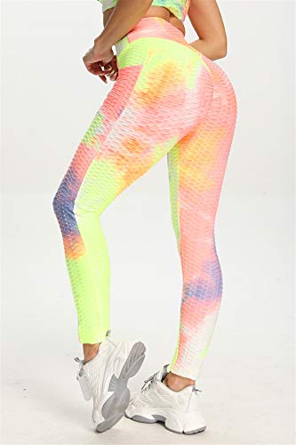 Hiser Tie Dye Pantalón Deportivo de Mujer con Bolsillos Laterales, Cintura Alta Yoga Leggings para Gym Running Fitness Training Pilates (Amarillo,M)