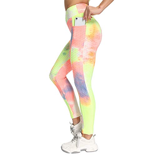 Hiser Tie Dye Pantalón Deportivo de Mujer con Bolsillos Laterales, Cintura Alta Yoga Leggings para Gym Running Fitness Training Pilates (Amarillo,M)