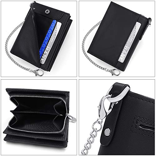 HNOOM Cartera para Hombre Cartera de Cuero Genuino con Bloqueo RFID para Hombre Monedero de Bolsillo con Cremallera, Tarjetero Plegable con Cadena, con Caja de Regalo (Negro)