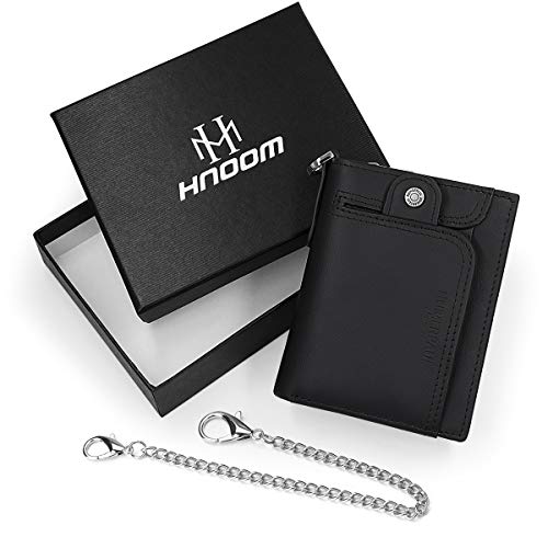 HNOOM Cartera para Hombre Cartera de Cuero Genuino con Bloqueo RFID para Hombre Monedero de Bolsillo con Cremallera, Tarjetero Plegable con Cadena, con Caja de Regalo (Negro)