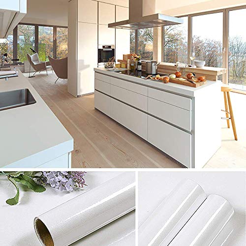 Hode Papel Adhesivo para Muebles Blanco con Purpurina 30cmX3m Impermeable Vinilo Decorativo Papel Pintado Cocina Baño Mesa Armario Encimera