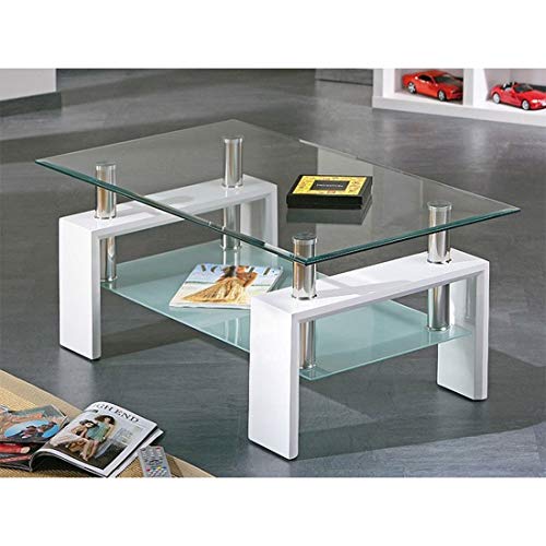 HOGAR24 - Mesa de Centro de Cristal con Patas de Madera, Color Blanco