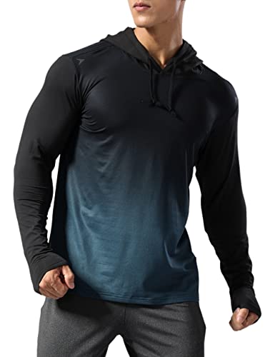 Hombre Forrado térmico Sudadera con Capucha atlética Pull-Over Manga Larga Ejercicio Fitness Running Invierno Otoño Azul Gradual L