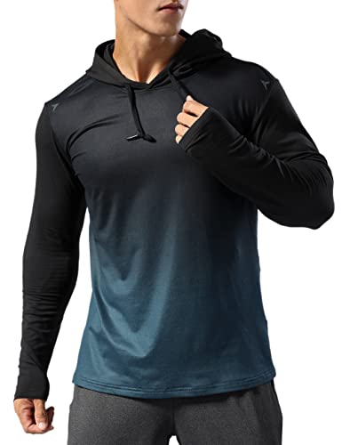 Hombre Forrado térmico Sudadera con Capucha atlética Pull-Over Manga Larga Ejercicio Fitness Running Invierno Otoño Azul Gradual L