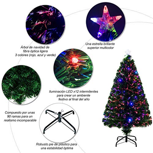 HOMCOM Árbol de Navidad 120cm Artificial Árbol de Pino Decoración Navideña con 16 LED de 3 Colores 130 Ramas Verde PVC