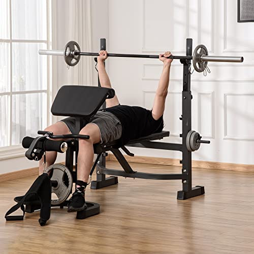 HOMCOM Banco de Musculación Multifuncional Banco de Pesas con Respaldo Inclinable y Soporte de Barras Altura Ajustable para Entrenamiento de Cuerpo Completo 187x140x117-136 cm Negro