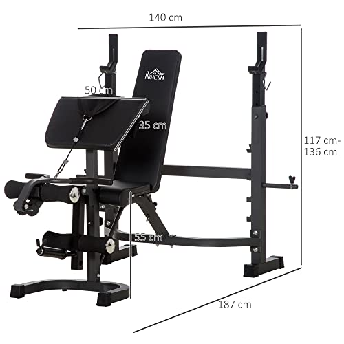 HOMCOM Banco de Musculación Multifuncional Banco de Pesas con Respaldo Inclinable y Soporte de Barras Altura Ajustable para Entrenamiento de Cuerpo Completo 187x140x117-136 cm Negro