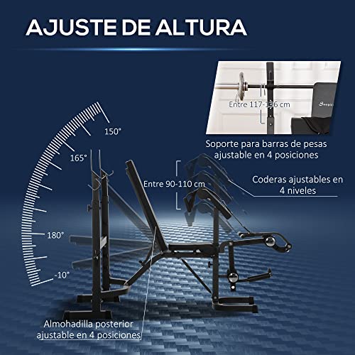 HOMCOM Banco de Musculación Multifuncional Banco de Pesas con Respaldo Inclinable y Soporte de Barras Altura Ajustable para Entrenamiento de Cuerpo Completo 187x140x117-136 cm Negro