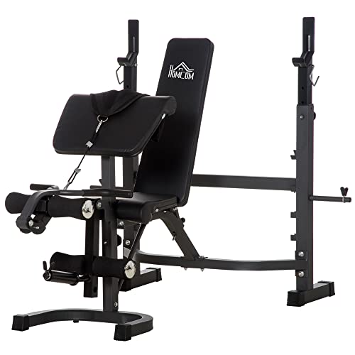 HOMCOM Banco de Musculación Multifuncional Banco de Pesas con Respaldo Inclinable y Soporte de Barras Altura Ajustable para Entrenamiento de Cuerpo Completo 187x140x117-136 cm Negro