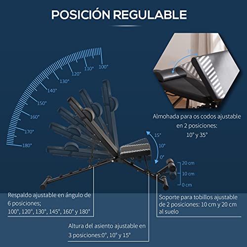 HOMCOM Banco de Pesas Plegable Banco Abdominales Ajustable con Respaldo Inclinable en 6 Posiciones y Reposacabezas para Entrenamiento de Cuerpo Completo Carga 120 kg Negro