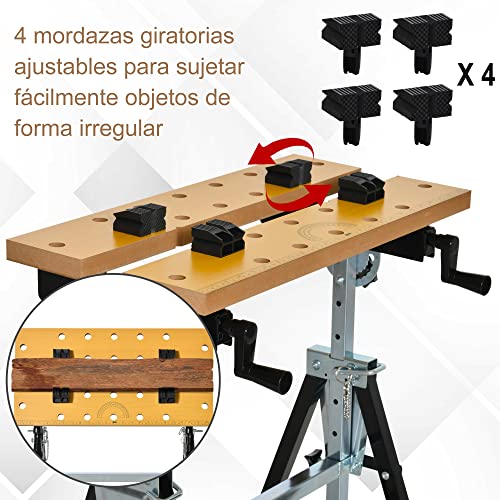 HOMCOM Banco de Trabajo Ajustable en Altura con 4 Clavijas Giratorias Tableros Ajustables en Ángulo y Distancia 65x60,5x85-110 cm Madera Natural y Negro