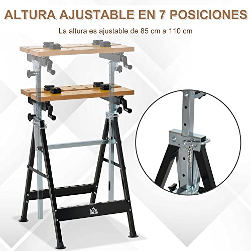 HOMCOM Banco de Trabajo Ajustable en Altura con 4 Clavijas Giratorias Tableros Ajustables en Ángulo y Distancia 65x60,5x85-110 cm Madera Natural y Negro