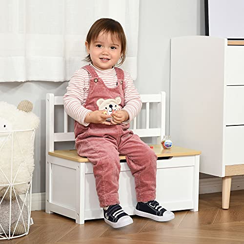 HOMCOM Baúl de Juguetes Banco Almacenamiento Infantil de Madera de Pino con Tapa Amortiguadora y Respaldo Alto para Niños de +2 Años Salas de Juego Habitación 60x30x50 cm Blanco