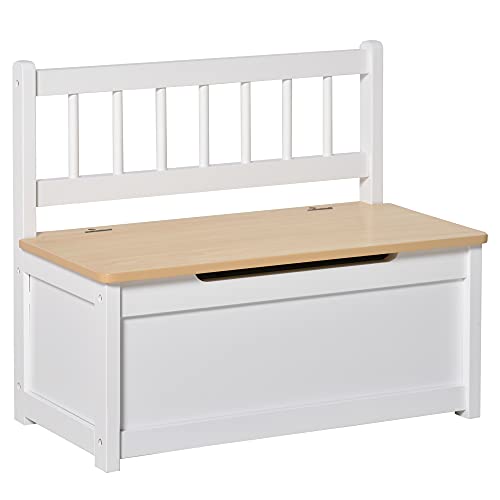 HOMCOM Baúl de Juguetes Banco Almacenamiento Infantil de Madera de Pino con Tapa Amortiguadora y Respaldo Alto para Niños de +2 Años Salas de Juego Habitación 60x30x50 cm Blanco