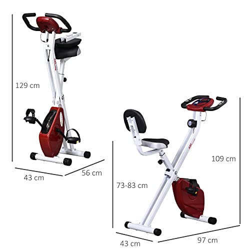 HOMCOM Bicicleta Estática para Ejercicios Profesional Bicicleta Vertical Plegable de Forma X con 8 Niveles Resistencia Magnética Asiento con Altura Ajustable Acero 43x97x109 cm Rojo