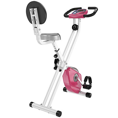 HOMCOM Bicicleta Estática para Ejercicios Profesional Bicicleta Vertical Plegable de Forma X con 8 Niveles Resistencia Magnética Asiento con Altura Ajustable Acero 43x97x109 cm Rosa