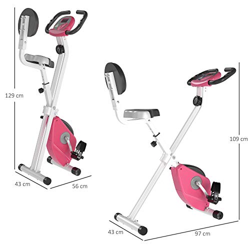 HOMCOM Bicicleta Estática para Ejercicios Profesional Bicicleta Vertical Plegable de Forma X con 8 Niveles Resistencia Magnética Asiento con Altura Ajustable Acero 43x97x109 cm Rosa