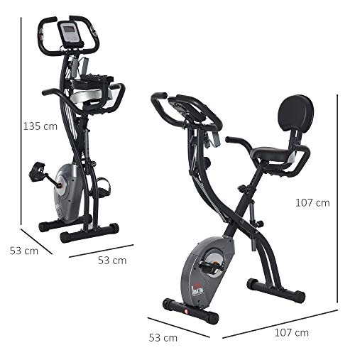 HOMCOM Bicicleta Estática Plegable con Sensor de Pulso Pantalla LCD Resistencia Ajustable de 8 Niveles Sillín Regulable y Respaldo para Entrenamiento en Casa 107x53x107 cm Negro