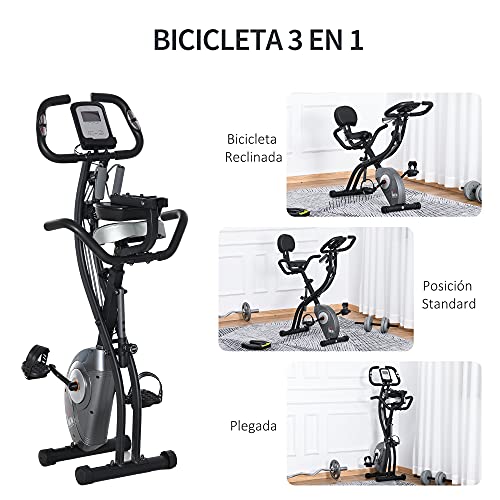 HOMCOM Bicicleta Estática Plegable con Sensor de Pulso Pantalla LCD Resistencia Ajustable de 8 Niveles Sillín Regulable y Respaldo para Entrenamiento en Casa 107x53x107 cm Negro